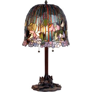 LumiLamp Tiffany Tafellamp Ø 35x68 cm Groen Roze Glas Bloemen Tiffany Bureaulamp