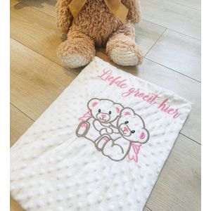 Babydeken - Wit-roze - Geborduurde Beren - 95 x 120 cm