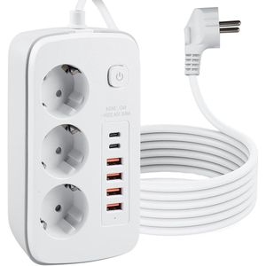 3-Way Retractable Socket with 4 USB, built-in with 4 USB-C, Switch for Tabletop Desk - 2m Cable White