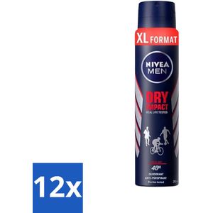 Nivea - Deospray - Men - Dry Impact - 48 Uur Lang Werkend - 250 ml - Voordeelverpakking - 12 stuks