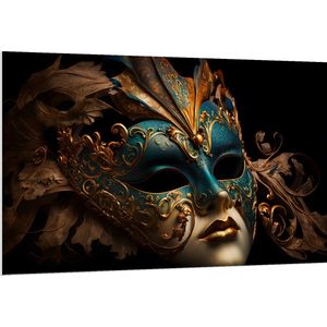 PVC Schuimplaat- Venetiaanse carnavals Masker met Blauwe en Gouden Details tegen Zwarte Achtergrond - 150x100 cm Foto op PVC Schuimplaat