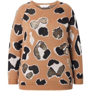 MIAMODA MIAMODA - Dames - Trui pailletten luipaardmotief lange raglanmouwen - Kameel - Maat 42+