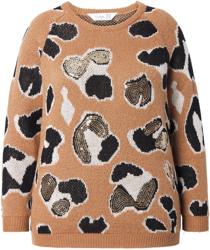 MIAMODA MIAMODA - Dames - Trui pailletten luipaardmotief lange raglanmouwen - Kameel - Maat 42+
