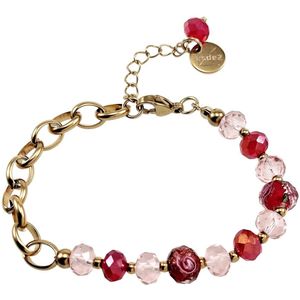 Armband Dames - Verguld RVS - Ovale Schakelarmband met Rode Kristallen en Murano Glaskralen - Verstelbaar