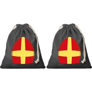 2x Mijter Sinterklaas cadeauzakje zwart met sluitkoord - katoenen / jute zak - Sinterklaas kadozak voor pakjesavond