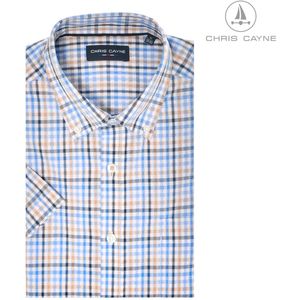 Chris Cayne heren overhemd korte mouw - maat M - met borstzak - kleur offwhite/blauw/zand - ruit dessin - 100 % Katoen - shirt heren - shirt M - borstzak