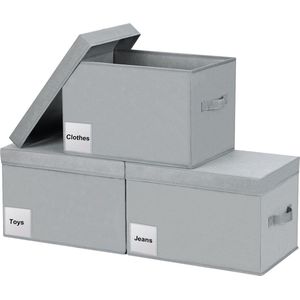 3 stuks opbergdozen, opbergdoos met deksel, grote opbergdoos met etiketten en handgrepen, wordt gebruikt om garderobe, speelgoed, kleding te organiseren, lichtgrijs