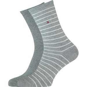Tommy Hilfiger damessokken Small Stripe (2-pack) - uni en gestreept katoen - grijs melange met wit - Maat: 39-42