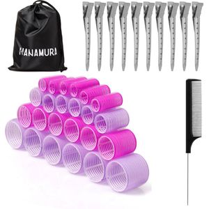Hanamura Krulspelden – Complete set van haar rollers - 34 delig – Met 10 RVS haarklemmen, kam & Opbergzak