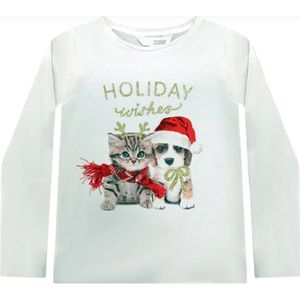 Kerst- shirt -lange mouw - kinderen - Holiday wishes kat en hond - wit - maat 122/128