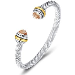 Quiges - Open Bangle Armband - Twisted Kabel met Zirkonia Bruin - UNY001