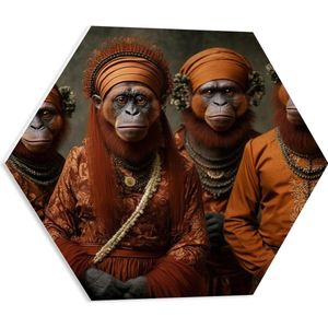 PVC Schuimplaat Hexagon - Groep Apen in Komische Outfits - 50x43.5 cm Foto op Hexagon (Met Ophangsysteem)