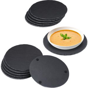 Relaxdays 12x Leisteen serveerplank - set - pizzabord rond - 25 cm - onderzetters