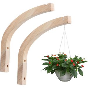 Verpakking van 2 wandmontage hangende manden van hout, plantenbak hangende muurhaken, houten plantenhanger voor binnen, aan de muur gemonteerde hangende plantenhaken voor plantenbakken, lantaarns