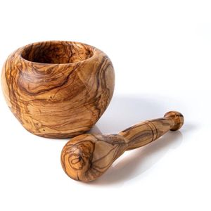 Handgemaakte Vijzelset - Multifunctioneel en Decoratief - 1 stuk - Olijfhout - Ø 12 cm