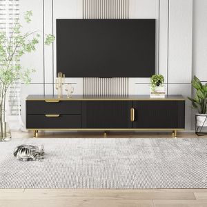 KOMHTOM TV-meubel met gebeeldhouwde textuur gouden handgrepen en pootjes met marmeren structuur Zwart