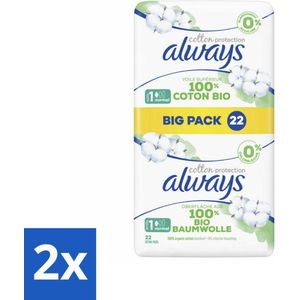 2 x Always - Maandverband - Normal - Cotton Protection - Met Vleugels - 22 Maandverband - Maandverband - Maandverband Katoen - Always Cotton Protection - Biologisch Katoen - Maandverband Zonder Parfum
