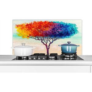 Spatscherm keuken 100x50 cm - Kookplaat achterwand Schilderijen - Olieverf - Boom - Regenboog - Muurbeschermer - Spatwand fornuis - Hoogwaardig aluminium