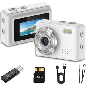 Gloovon Digitale Camera - Mini Digitale Camera - 1080P HD - Fotocamera - Fototoestel - Vlog Camera - Compact Camera - Voor Kinderen & Reizigers - Inclusief 32GB Kaart - Wit