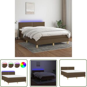 vidaXL Boxspring met matras en LED - 140x200 cm Boxspring - Led Bed - Donkere Bruine Bed - Tweepersoons Bed - Pocketveer Matras