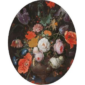 Stilleven met bloemen en een horloge, Abraham Mignon - Foto op Behangcirkel - ⌀ 40 cm