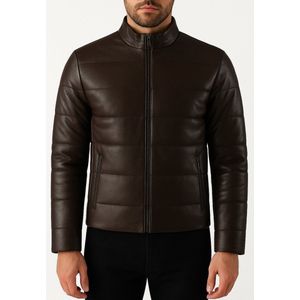 Gewatteerde Leren Puffer Jas Heren – Echt Lamsleer – Donkerbruin/Chocolade – Cycas – Winterjack met Leren Manchetten, 2 Binnenzakken & Ritszakken