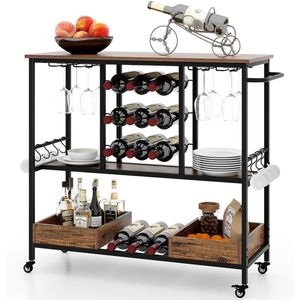 COSTWAY Keukenwagen 3 verdiepingen, serveerwagen met wieltjes, glazen houders, wijnrek & haken, industriële rolwagen voor keuken, eetkamer en woonkamer 107,5 x 40 x 91,5 cm