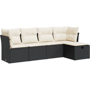 vidaXL - 5-delige - Loungeset - met - kussens - poly - rattan - zwart