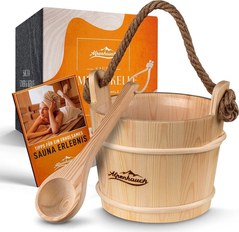 ALPENHAUCH sauna emmer met opscheplepel [100% natuurlijk hout] - Edele sauna emmer met comfortabel hennep draagtouw - Duurzame sauna accessoires - Opgiet emmerset incl. praktisch boekje - Wellness sauna emmerset