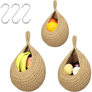 Hangende fruitmand - jute wandmand waterdruppel vorm - 3 stuks - opbergmand voor keuken en woonkamer