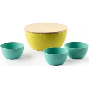 UBITE zomerset – bio-based saladeschaal cyber yellow (XL - Ø 27) inclusief deksel/snijplank + set van 3 bio-based bowls Aquamarine Green (S - Ø 13) - saladeschaal/saladekom/kom/schaal/bakje/duurzaam