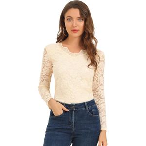 Damesblouse met bloemenborduurwerk en doorschijnende lange mouwen - Kanten blouse voor dames - Bloemenpatroon - Feestelijke kleding