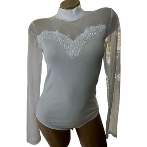 Dames Katoenen Top - Body Lange Mouw met Kant L/XL wit