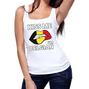 Kiss me I am Belgian tanktop / mouwloos shirt wit dames - feest shirts dames - Belgie kleding XL