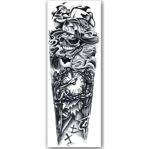 GlittersXL - Temporary Tattoo Sleeve Zwart/Grijs (48x17 cm) [Neptattoo - Tijdelijke tatoeage - Nep Fake Tattoos - Water overdraagbare festival sticker henna outfit tattoo - Glitter tattoo - Volwassenen Kinderen Jongen Meisje - Schedel, Klok, Kruis]