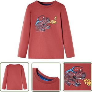 vidaXL Jongenskleding - Kinderkleding - Kindershirt met lange mouwen 128 roodbruin - Langmouwshirts - Dino Print - Katoenshirts