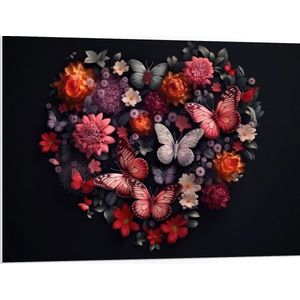 PVC Schuimplaat - Hart van Verschillende Bloemen en Vlinders tegen Zwarte Achtergrond - 100x75 cm Foto op PVC Schuimplaat (Met Ophangsysteem)