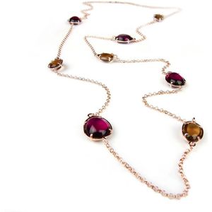 Zilveren halsketting collier halssnoer roze goud verguld Model Bubbels gezet met bruine en bordeaux stenen