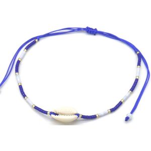 Enkelbandje - Glaskralen en Schelp - Anklet - Lengte Verstelbaar - Donkerblauw
