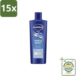 15 x Andrélon – Shampoo – Hair & Body Men – 400 ml - Grootverpakking - 2-in-1 Shampoo En Showergel - Mannelijke Verzorging - Haar En Huid Reinigen - Eucalyptus Shampoo - Sandelhout Geur