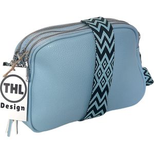 THL Design - Kleine Dames Schoudertas - Klein Tasje - 3 vakken - Bag Strap - Tassenriem lichtblauw / zwart - Lichtblauw