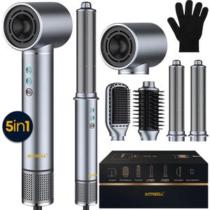 Actueell®Pro Airstyler krultang 5 in 1 Multistyler Föhn - 1400 Watt Haarstyler - Hairwrap - Föhnborstel - Haardroger - Stijlborstel en Krulborstel – Warmteborstel – Thermal Brush- Heteluchtborstel – Haarfohn - Warmte handschoen - Zilver