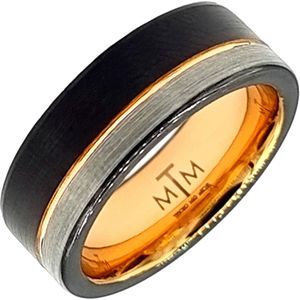 Tesoro Mio Michel – Stoere Ring - Wolfraam Carbide Tungsten – Kleur Zwart, Zilver & Goud – 21 mm / Maat 66