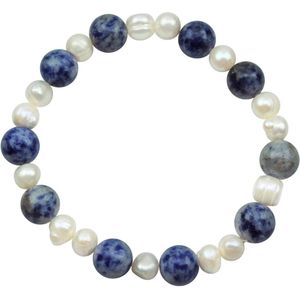Zoetwater parel armband met edelsteen Pearl Blue Spot Stone - echte parels - jasper - wit - blauw - elastisch