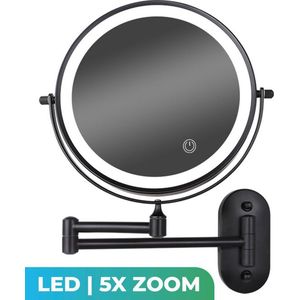 Make Up Spiegel met Led Verlichting - 5X Vergroting - Wandspiegel Rond - Scheerspiegel Wandmodel - Badkamer - Douche - Zwart