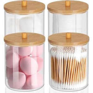 Qtips-houders met bamboedeksel - 4 stuks, geschikt voor cosmetica en verzorgingsproducten