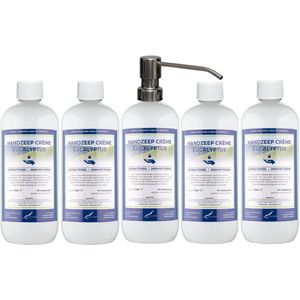 Handzeep Crème Eucalyptus 1 liter - set van 5 stuks - met gratis RVS zilverkleurige pomp - Voordeelverpakking