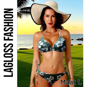 LaGloss® Sexy Groene Bikini Set met Bloemenprint – 2-Delige Halter Nek Zwemkleding – Hoogelastisch & Elegant – Maat M