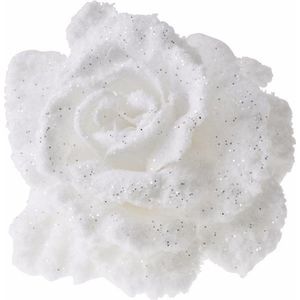 Decoratie bloem roos wit 10 cm - Kunstbloemen witte glitter rozen op clip
