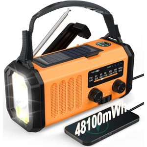 Noodradio op Zonne-energie met 48.100 mWh Powerbank – Hand Crank AM/FM Radio, Zaklamp & Leeslamp, USB-Oplader, SOS-Alarm en Kompas – Draagbaar voor Camping & Noodsituaties